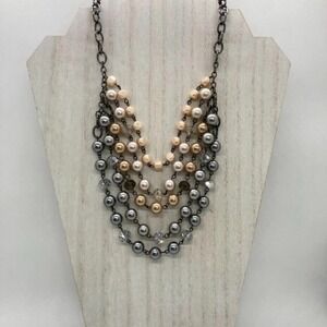 Chic Multi-Strand Layered Faux Pearl Bead 30" Necklace Gunmetal Tone Chain